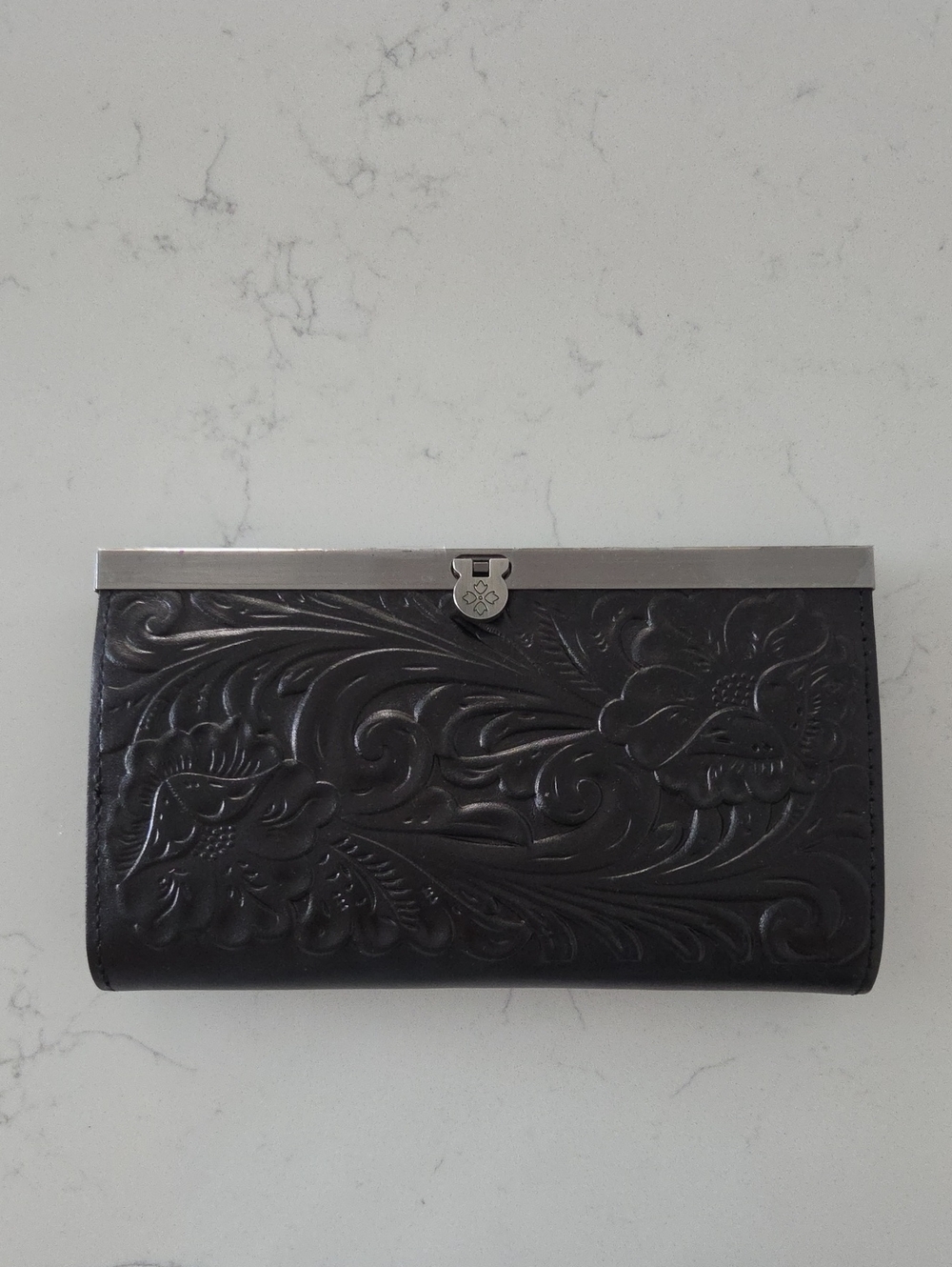 Patricia Nash Tooled Cauchy Leather Clutch - Black with Silver Frame
